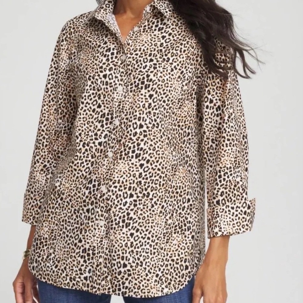 Chico's Leopard Print Tunic Button Up No Iron Top Pockets Womens 12/14